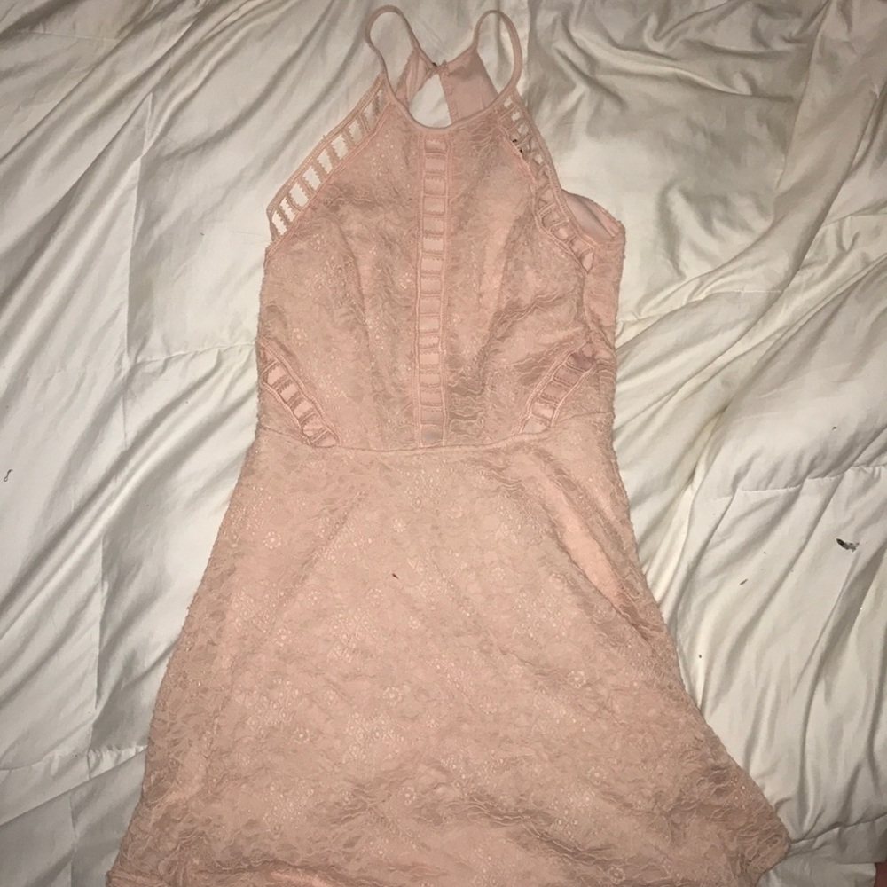 Pink high neck lace fit and flare dress